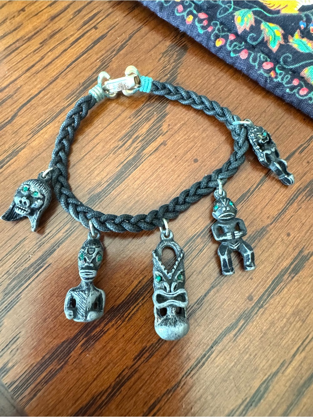 Vintage Metal And Braided Cord Hawaiian Tiki Charm Bracelet